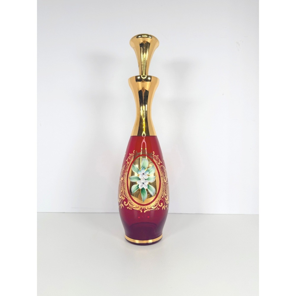 Czech Ruby Red Glass Decanter Hand-Painted Gold & Enamel Floral Design VTG
